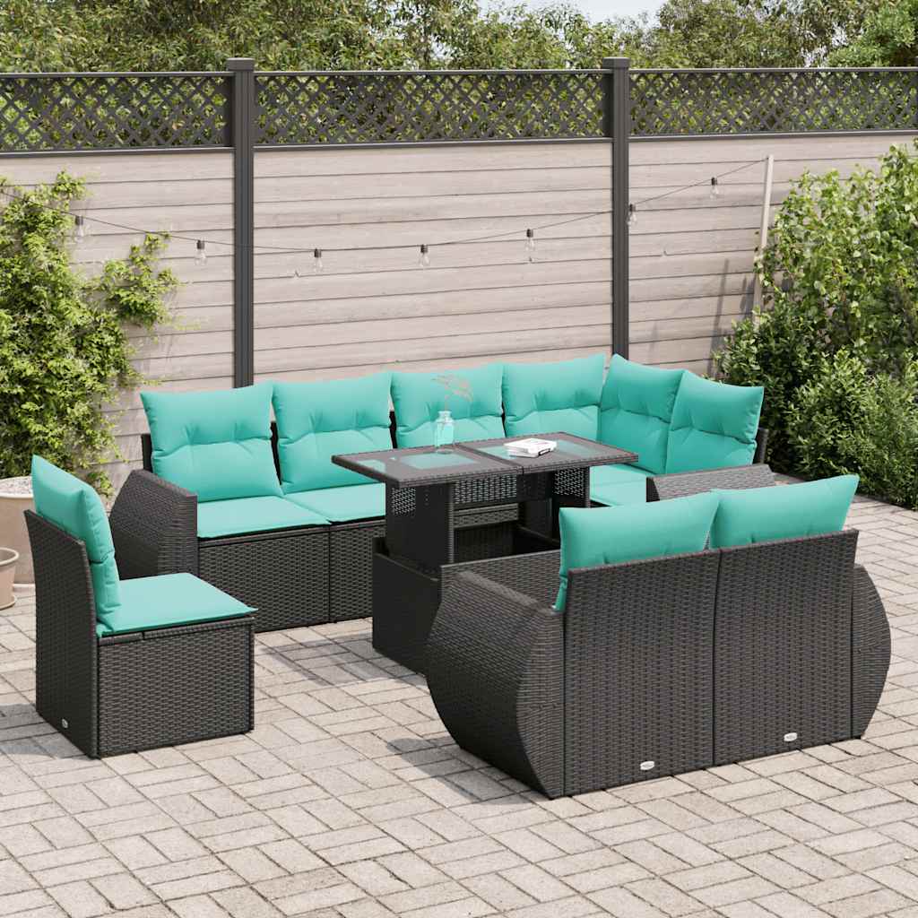 vidaXL 9-delige tuinbankset met kussens van zwart polyrotan