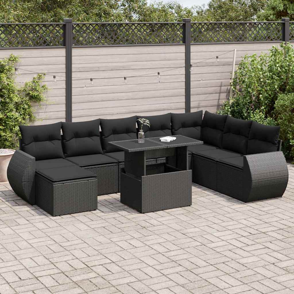 vidaXL 9-delige Loungeset met kussens poly rattan zwart