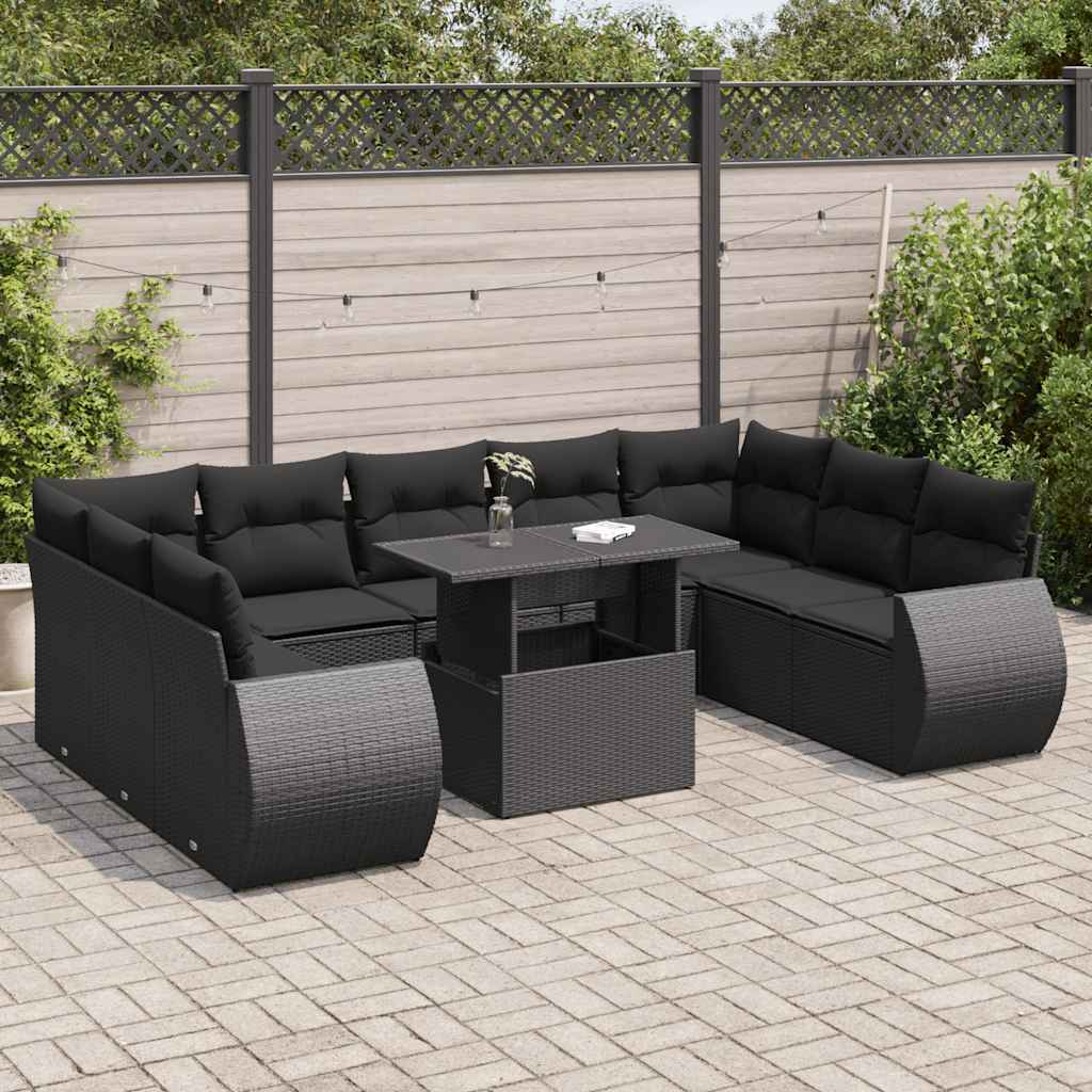 vidaXL 10-Piece Lounge Set with Cushions Poly Rattan Black