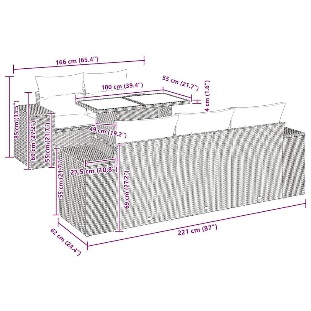 vidaXL 6-delige Loungeset met kussens poly rattan acacia zwart