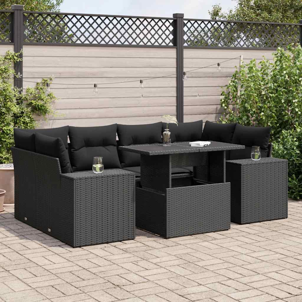 vidaXL 7-delige Loungeset met kussens poly rattan zwart