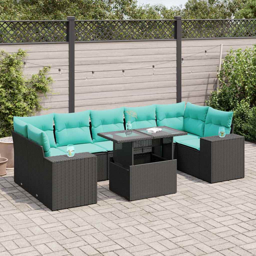 vidaXL 8-delige tuinbankset met kussens, zwart polyrotan