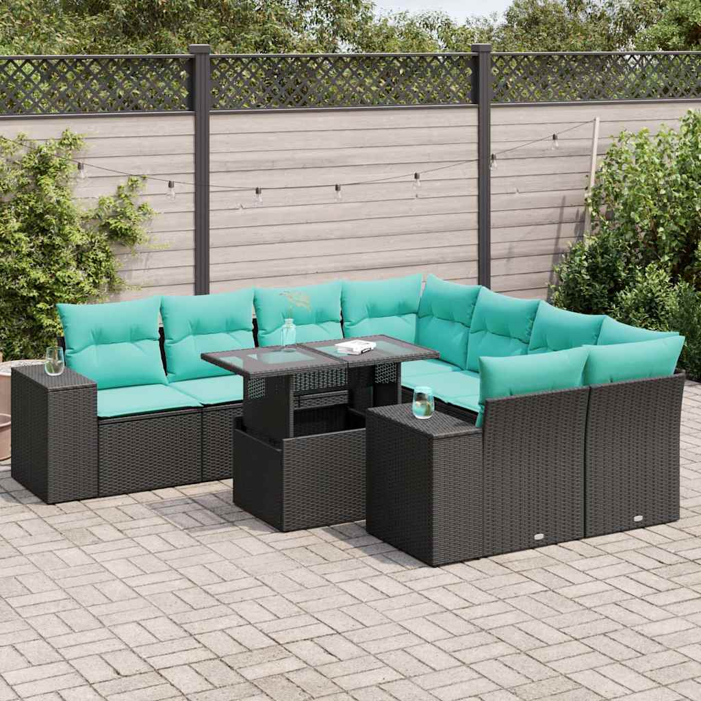 vidaXL 9-delige tuinbankset met kussens van zwart polyrotan