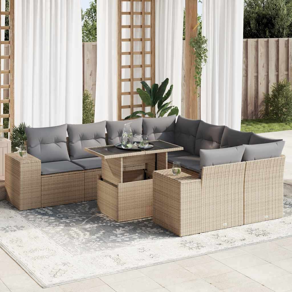 vidaXL 9-delige Loungeset met kussens poly rattan zwart