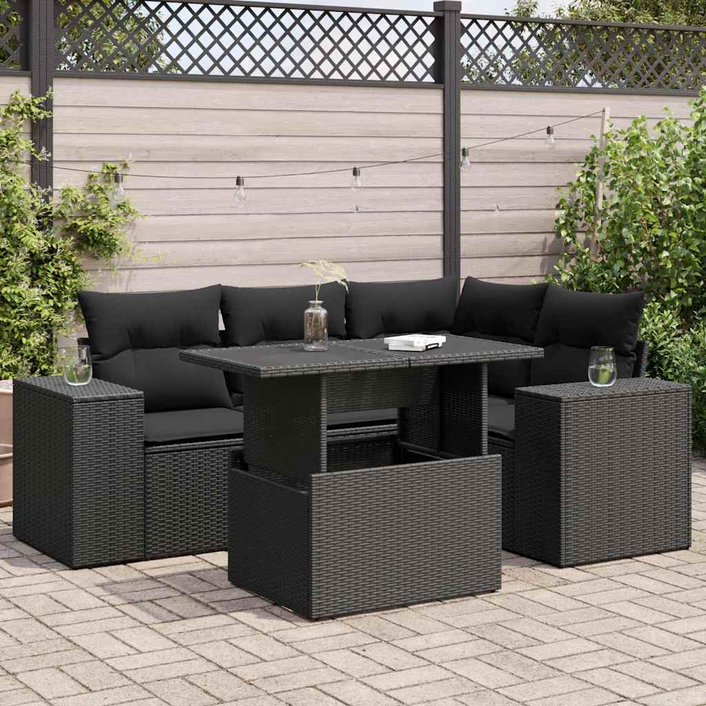 vidaXL 5-delige Loungeset met kussens poly rattan zwart