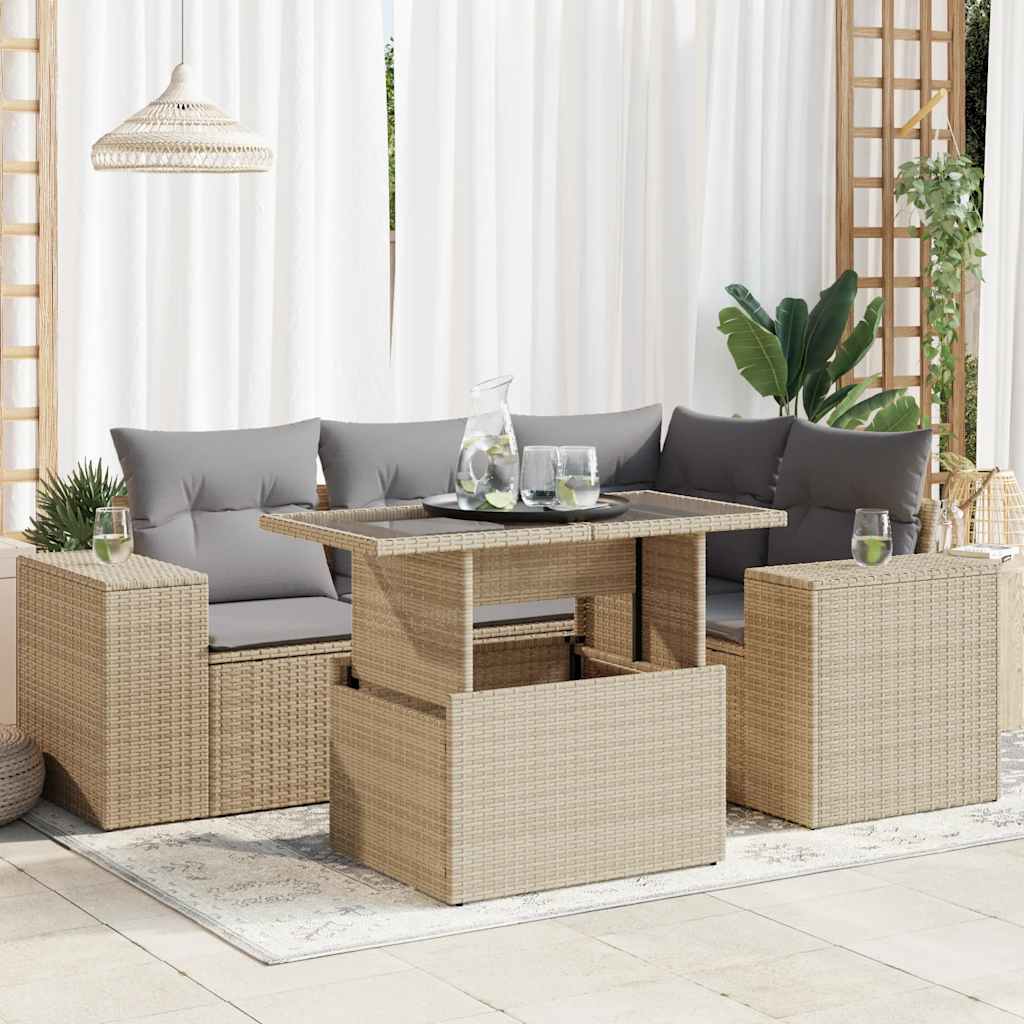 vidaXL 5-delige Loungeset met kussens poly rattan zwart