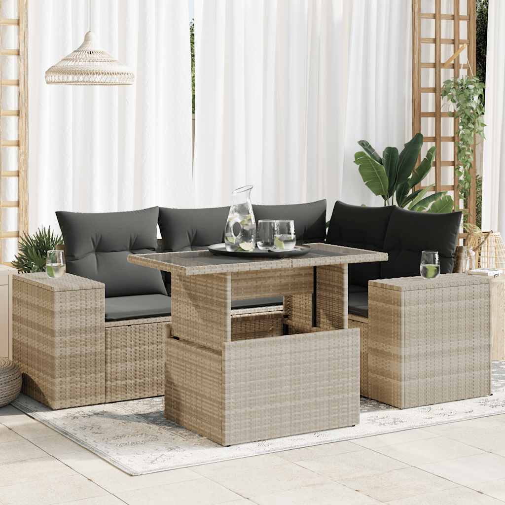vidaXL 5-delige Loungeset met kussens poly rattan zwart