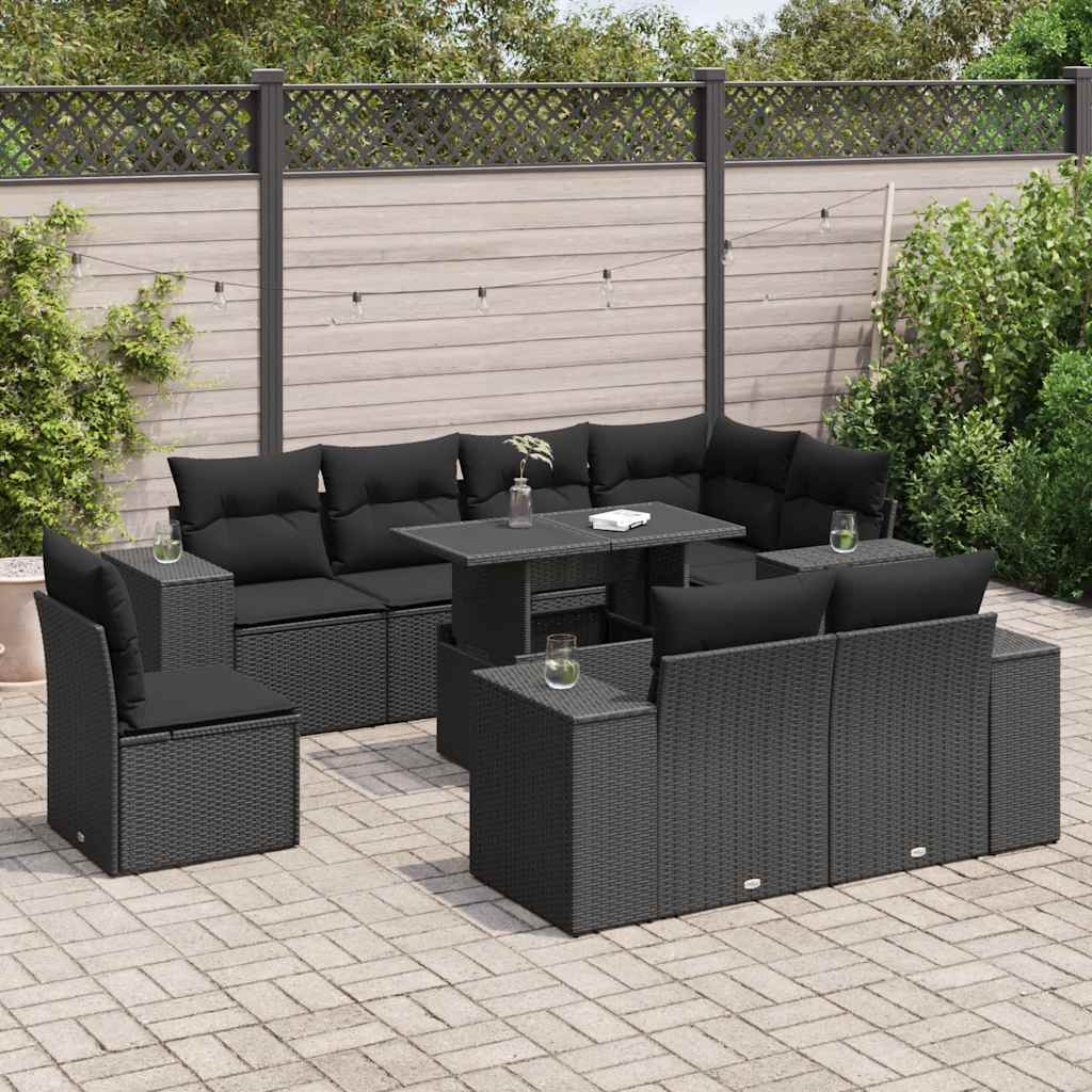 vidaXL 9-delige Loungeset met kussens poly rattan zwart