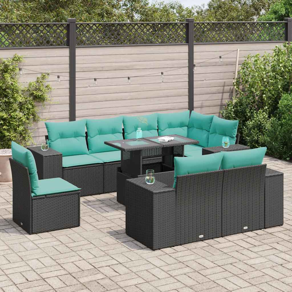 vidaXL 9-delige tuinbankset met kussens van zwart polyrotan