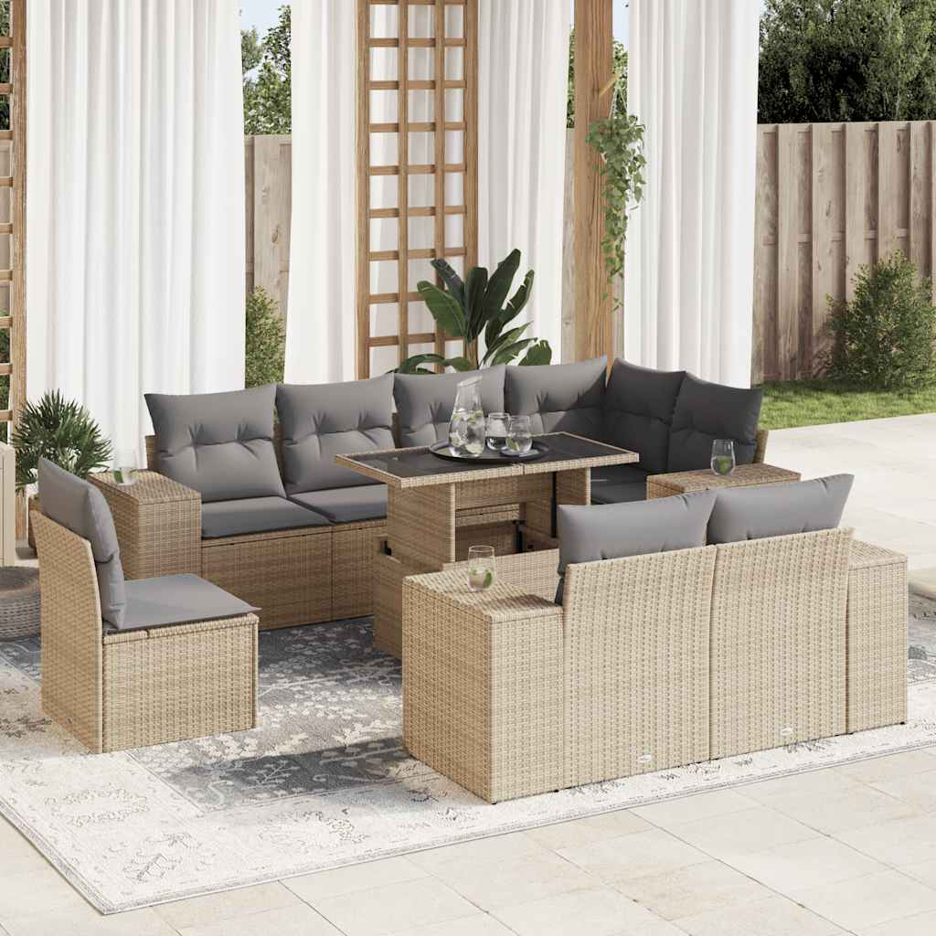 vidaXL 9-delige Loungeset met kussens poly rattan zwart
