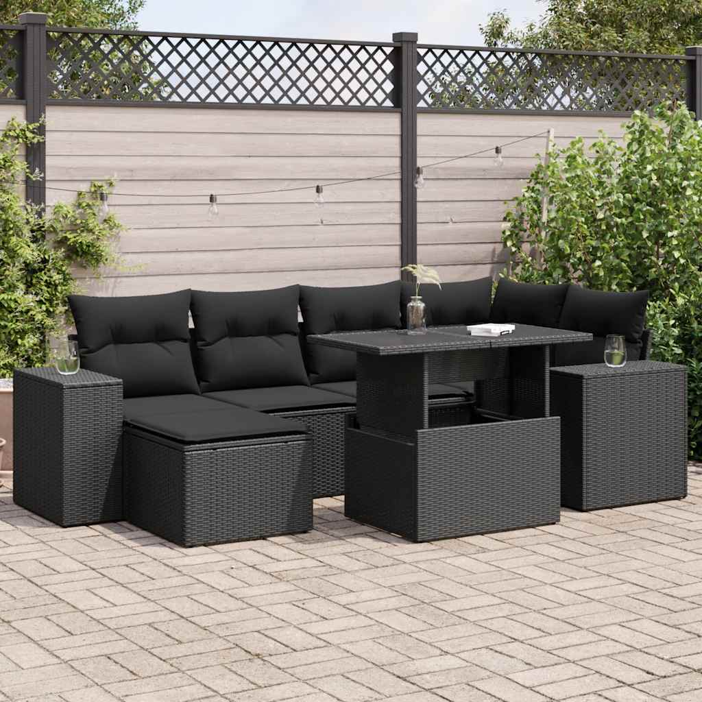 vidaXL 7-delige Loungeset met kussens poly rattan zwart