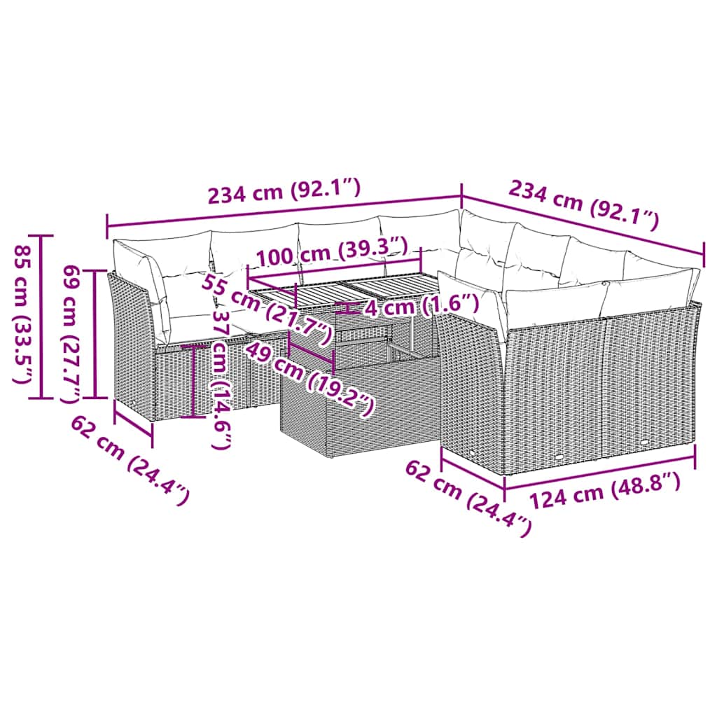 vidaXL 9-delige Loungeset met kussens poly rattan zwart