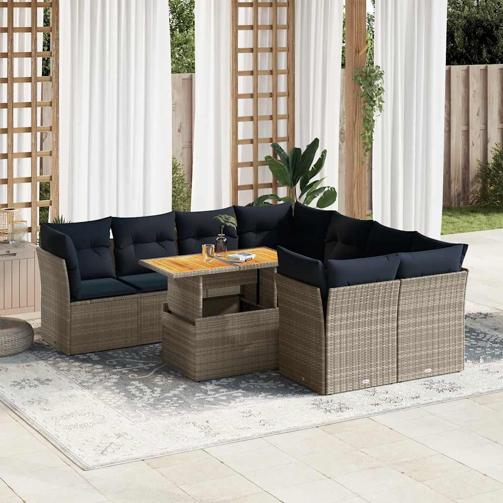 vidaXL 9-delige Loungeset met kussens poly rattan zwart