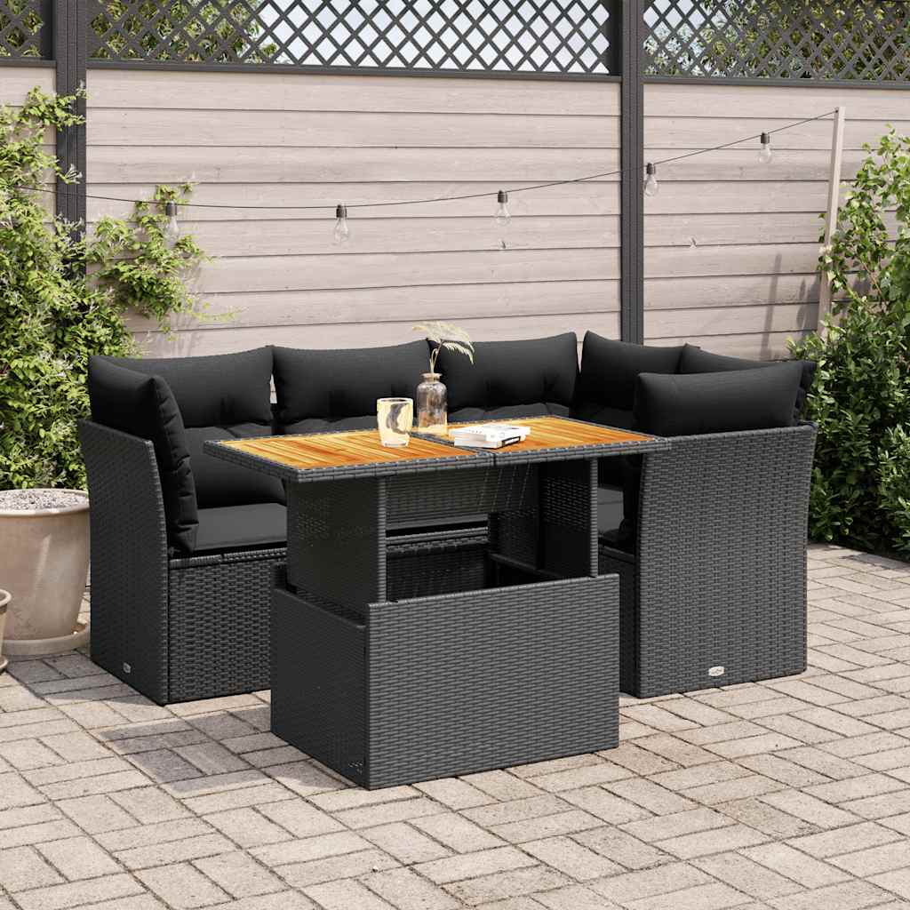 vidaXL 5-delige Loungeset met kussens poly rattan zwart