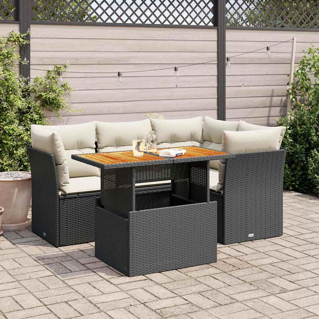 vidaXL 5-delige Loungeset met kussens poly rattan zwart