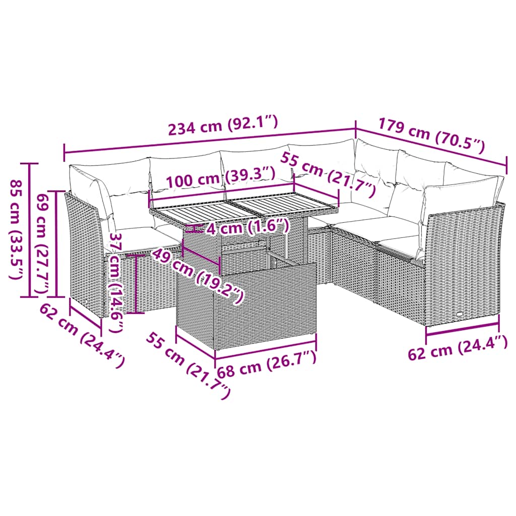vidaXL 7-Piece Lounge Set with Cushions Poly Rattan Grey