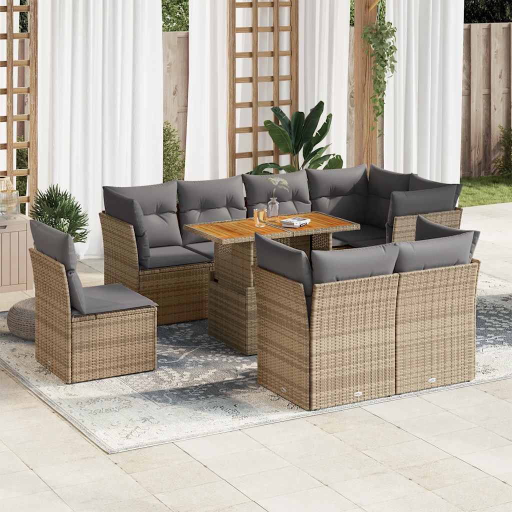 vidaXL 9-delige Loungeset met kussens poly rattan zwart