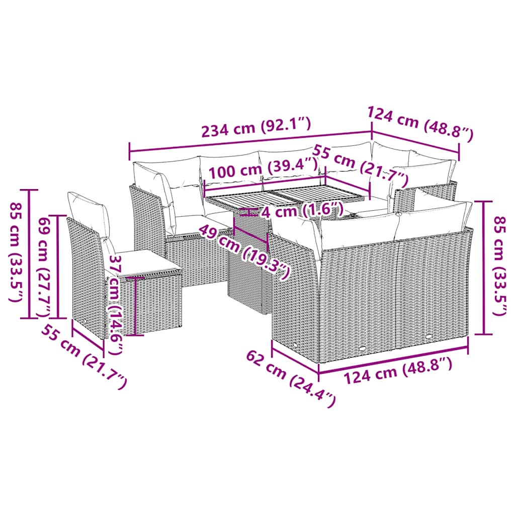 vidaXL 9-delige Loungeset met kussens poly rattan zwart