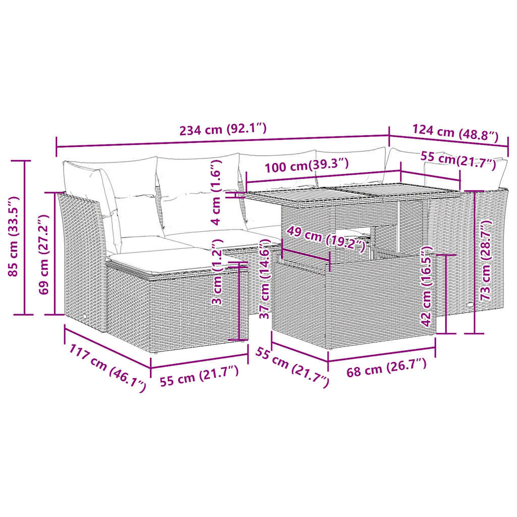 vidaXL 7-delige Loungeset met kussens poly rattan zwart
