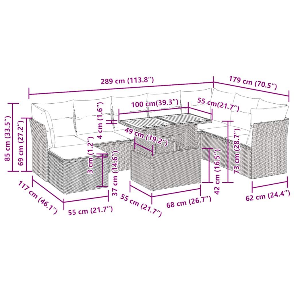 vidaXL 6-delige Loungeset met kussens poly rattan zwart