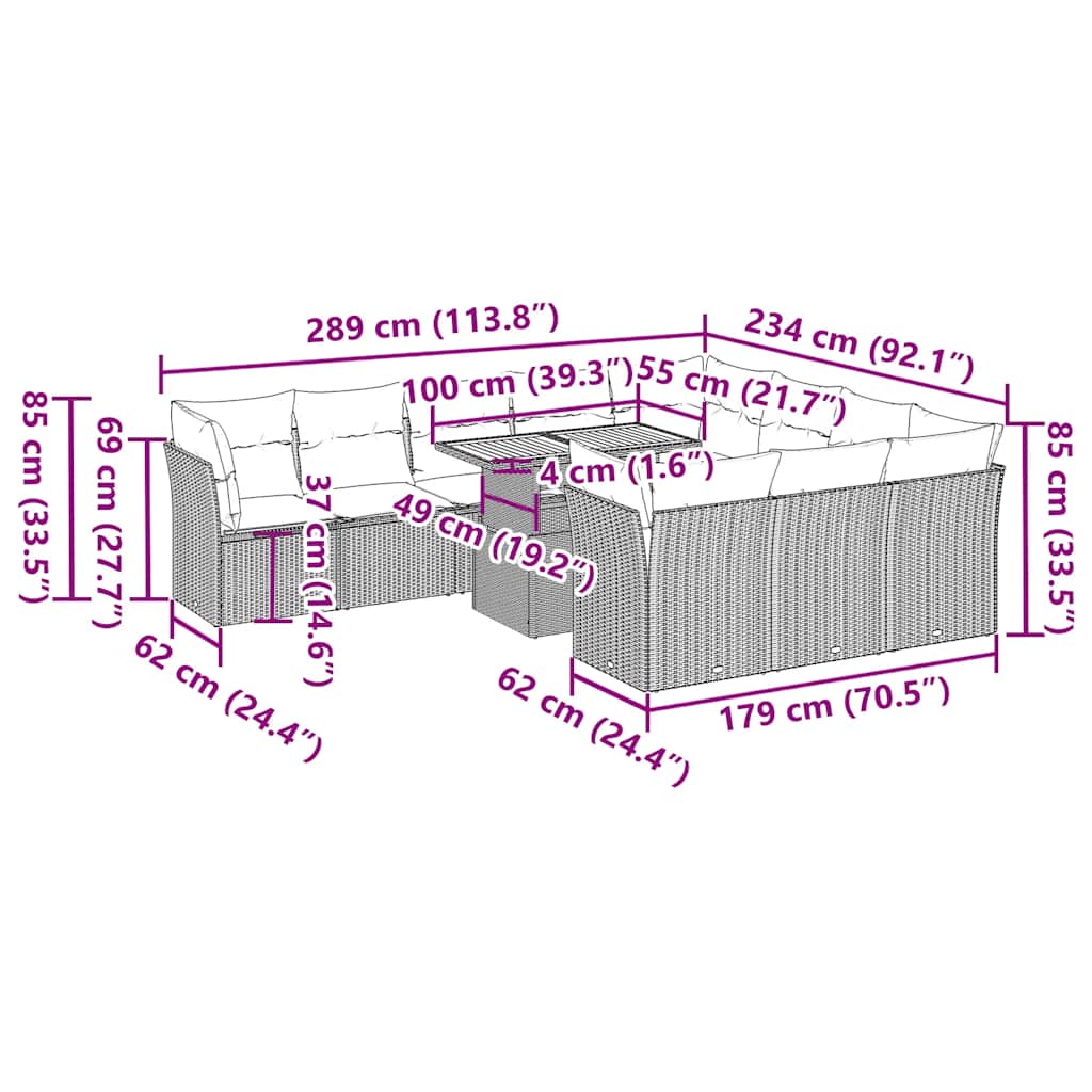 vidaXL 11-Piece Lounge Set with Cushions Poly Rattan Grey
