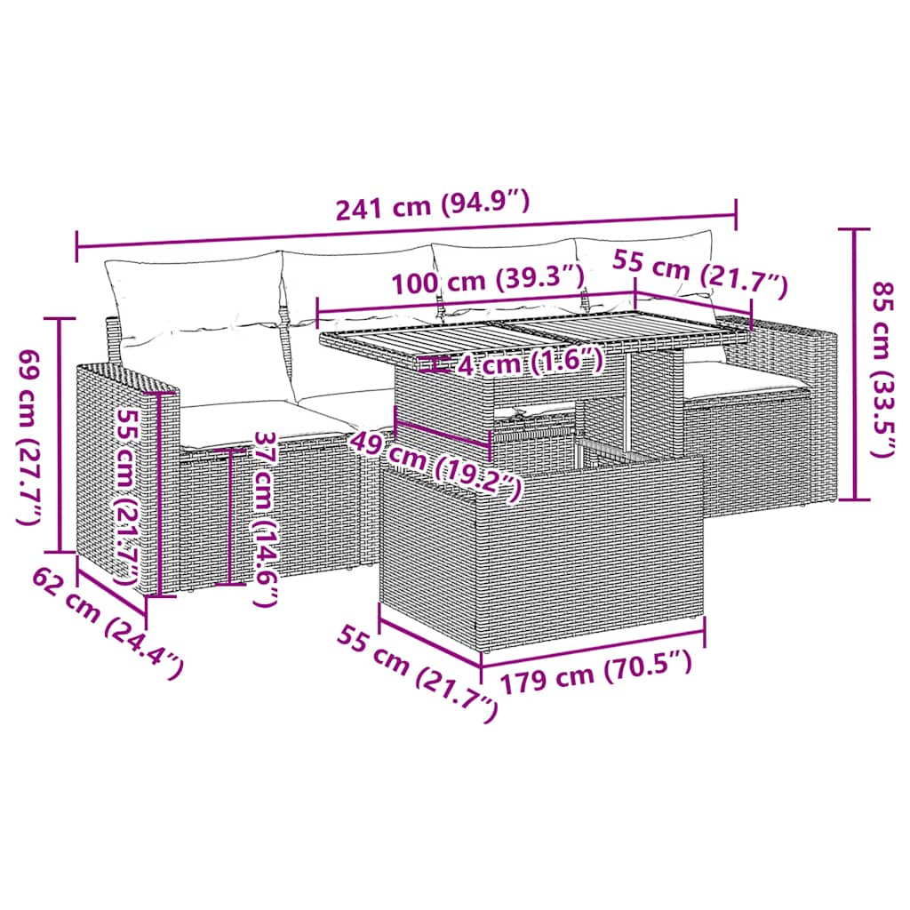 vidaXL 5-delige Loungeset met kussens poly rattan zwart