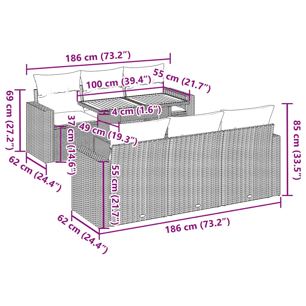 vidaXL 7-delige Loungeset met kussens poly rattan zwart