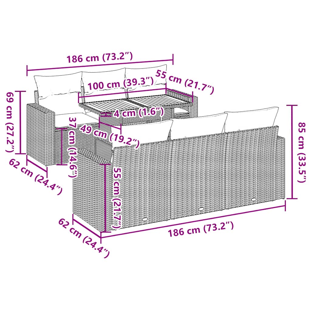 vidaXL 7-delige Loungeset met kussens poly rattan zwart