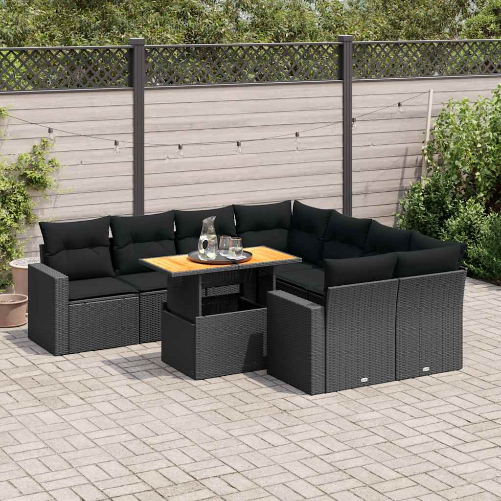 vidaXL 9-delige Loungeset met kussens poly rattan zwart