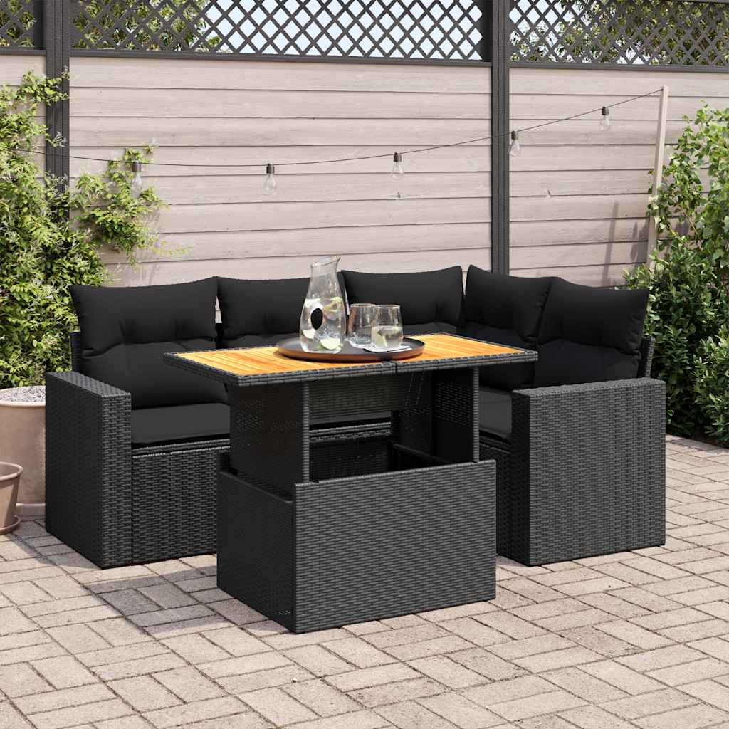 vidaXL 5-piece Lounge Set with Cushions Poly Rattan Black