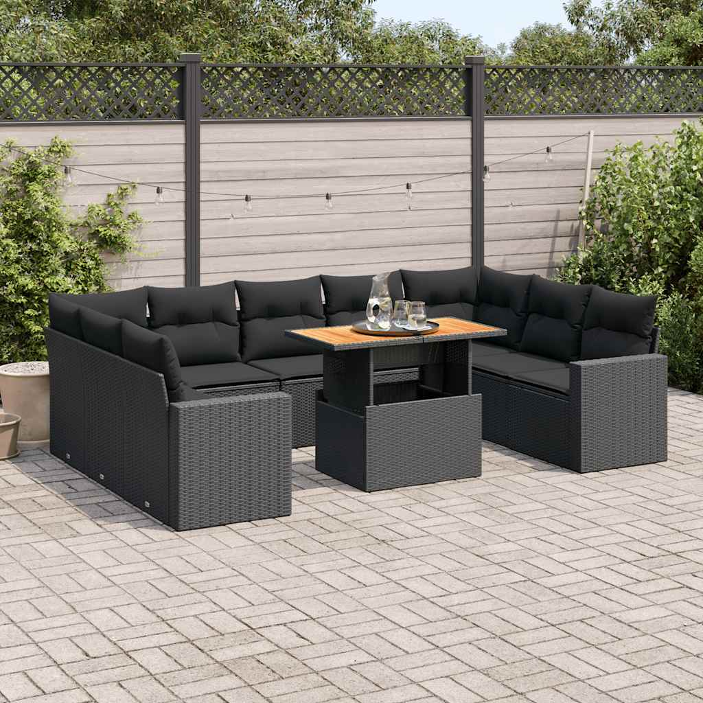 vidaXL 10-Piece Lounge Set with Cushions Poly Rattan Black