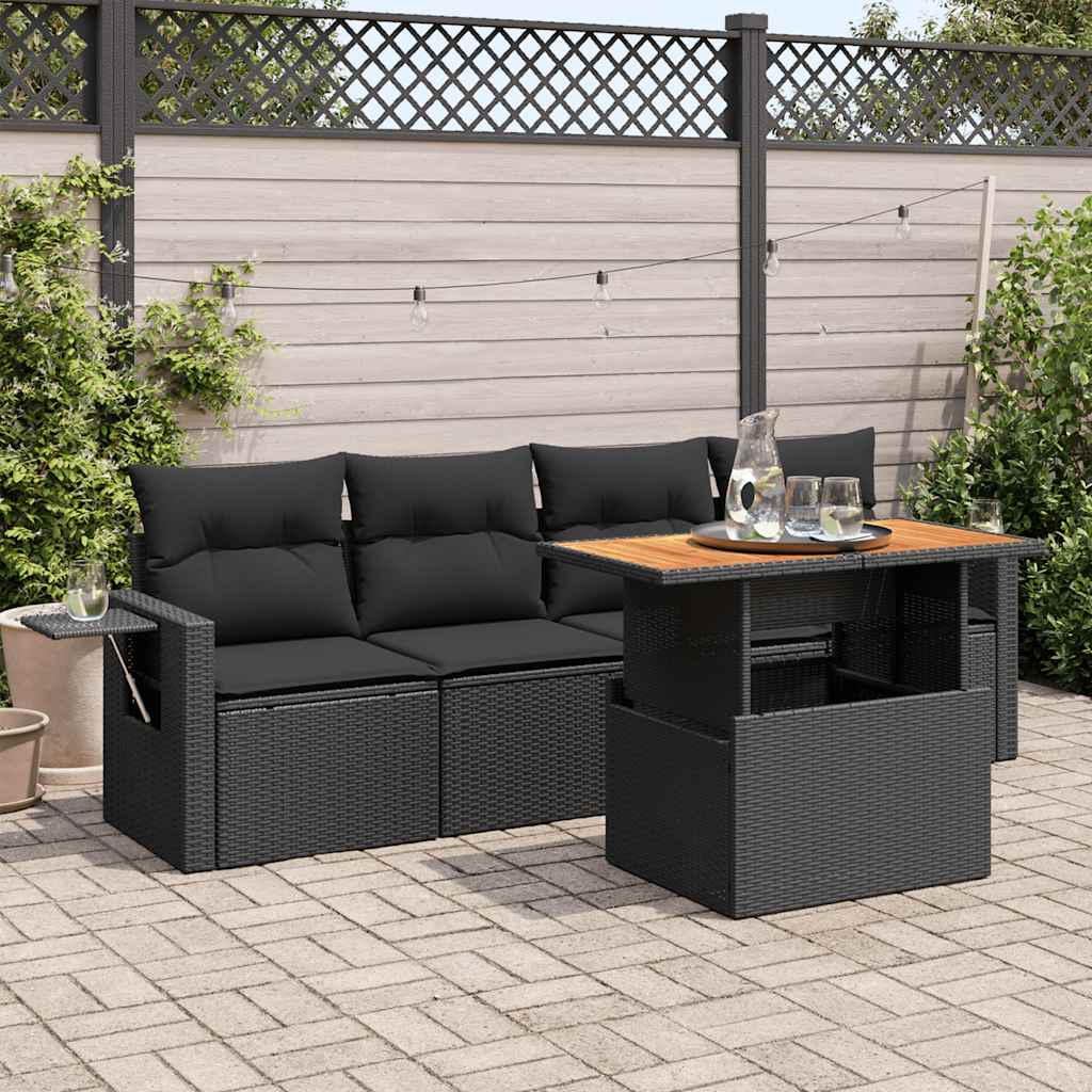 vidaXL 5-delige Loungeset met kussens poly rattan zwart