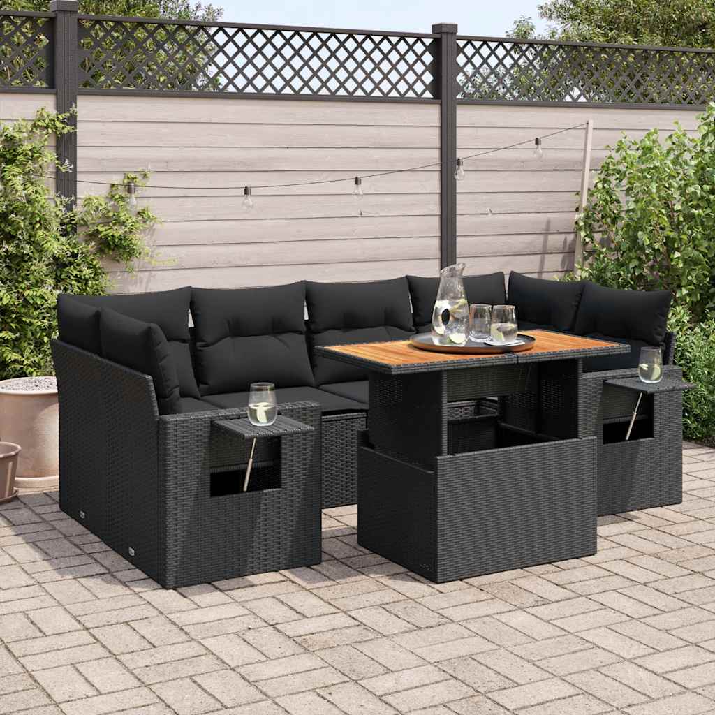 vidaXL 7-Piece Lounge Set with Cushions Poly Rattan Black