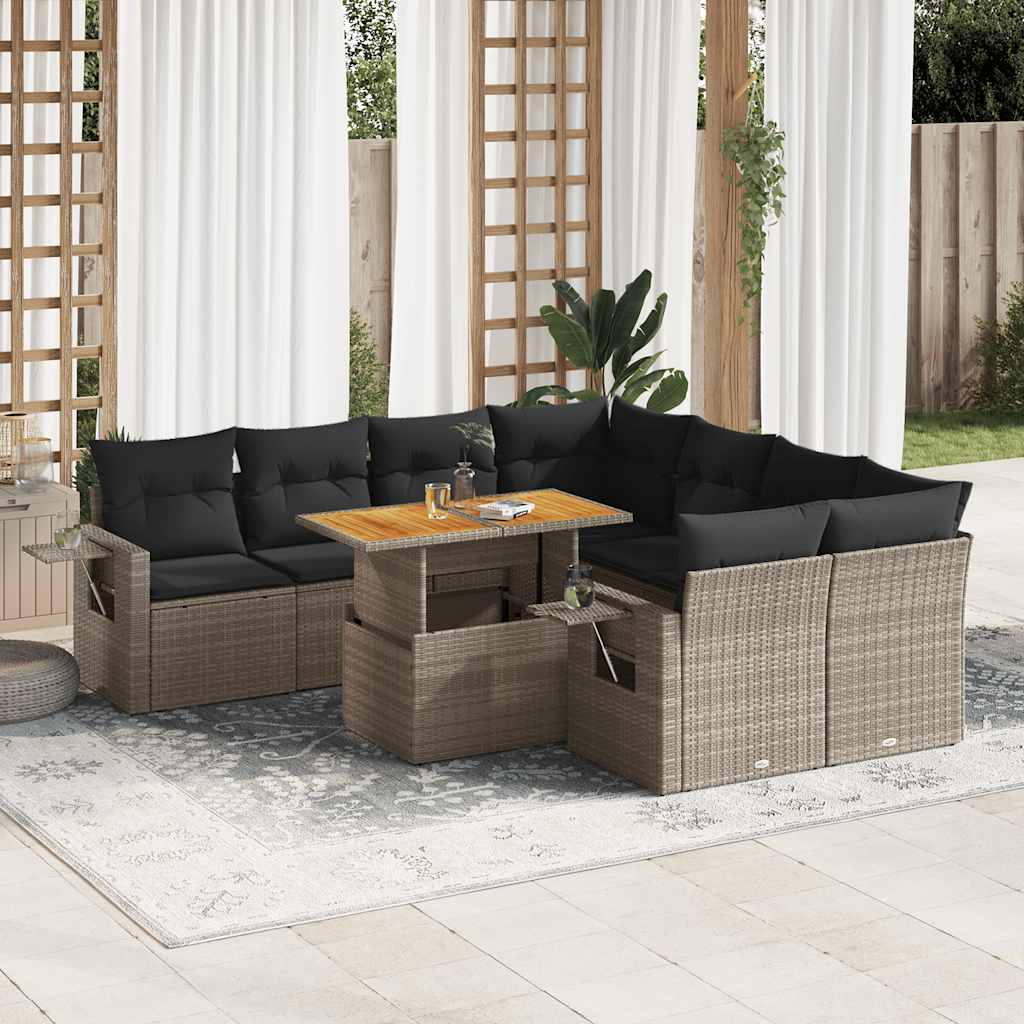 vidaXL 9-delige Loungeset met kussens poly rattan zwart