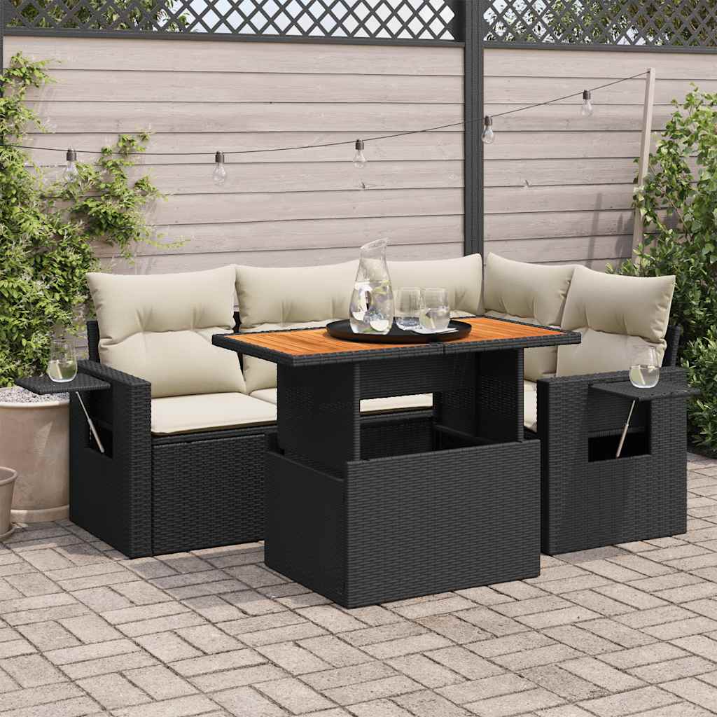 vidaXL 5-Piece Lounge Set with Cushions Poly Rattan Black