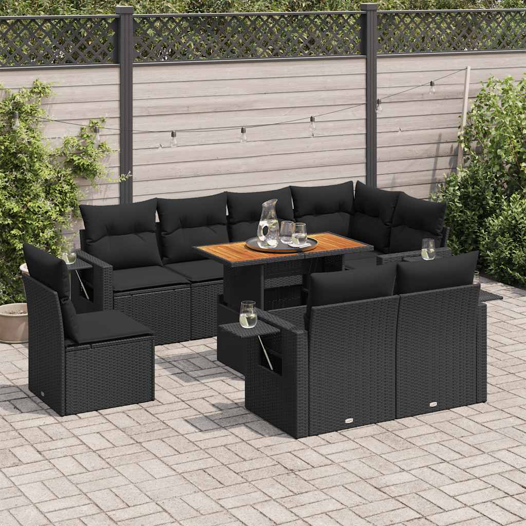 vidaXL 9-delige Loungeset met kussens poly rattan zwart