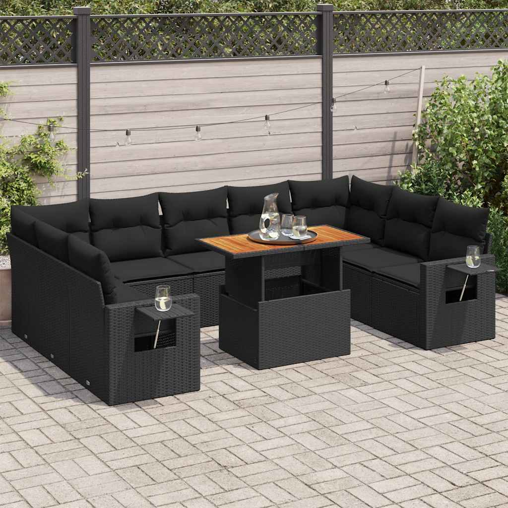 vidaXL 10-Piece Lounge Set with Cushions Poly Rattan Black