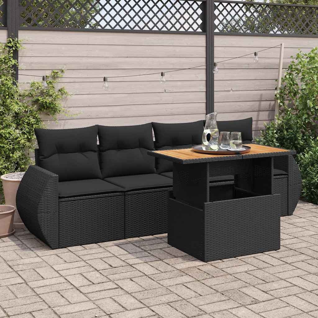 vidaXL 5-piece Lounge Set with Cushions Poly Rattan Black