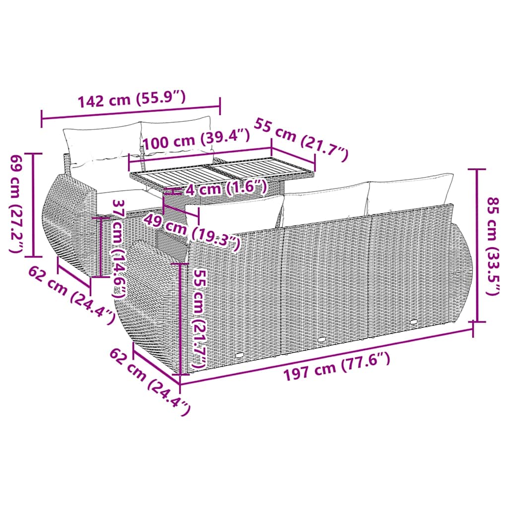 vidaXL 6-delige Loungeset met kussens poly rattan zwart