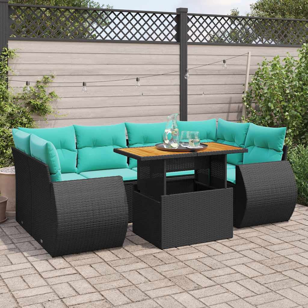 vidaXL 7-delige Loungeset met kussens poly rattan zwart