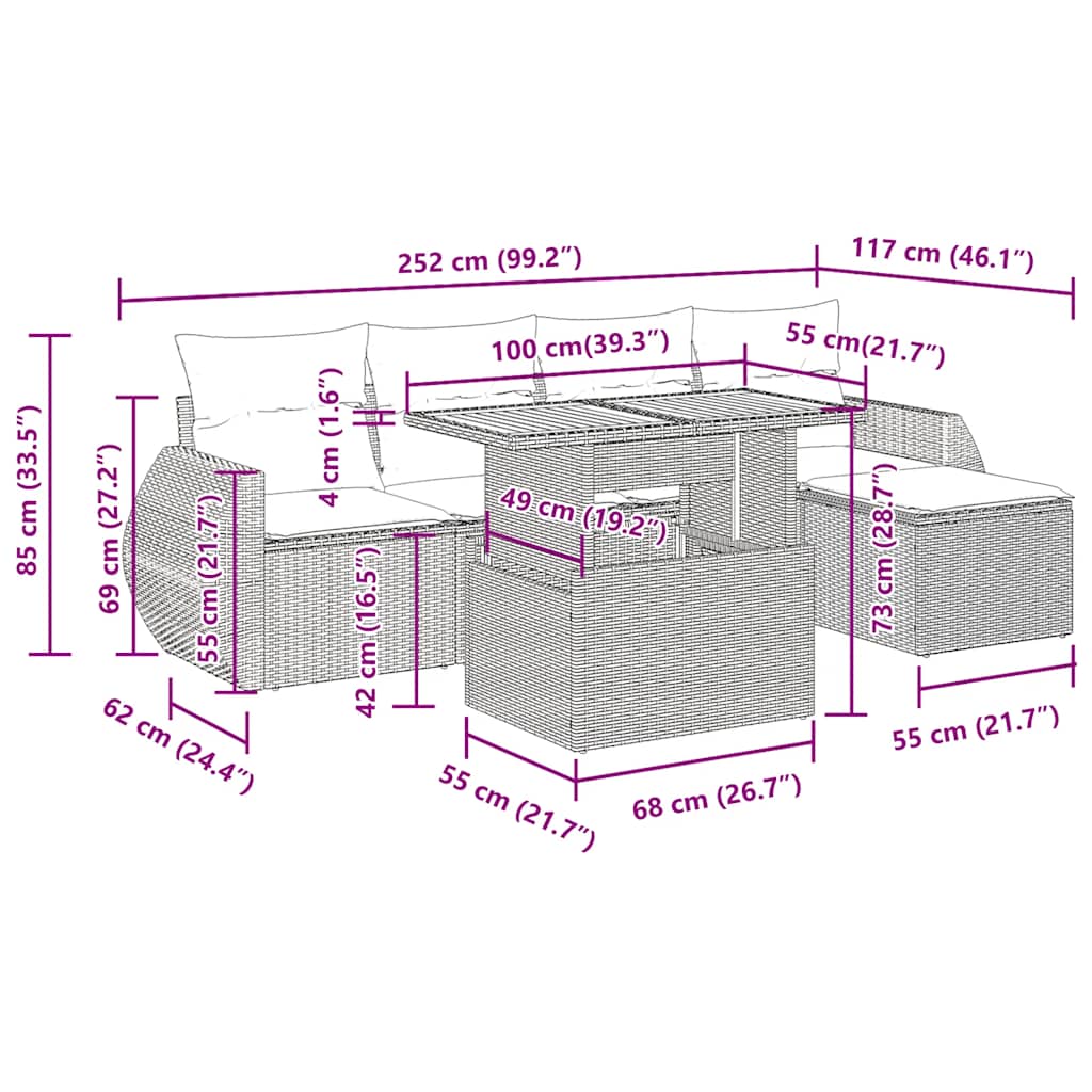 vidaXL 6-delige Loungeset met kussens poly rattan zwart