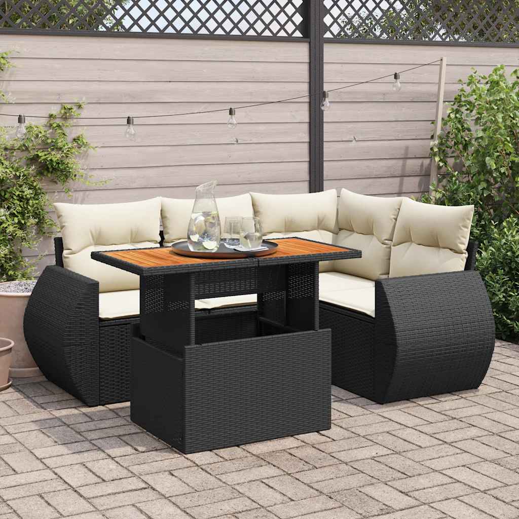 vidaXL 5-delige Loungeset met kussens poly rattan zwart