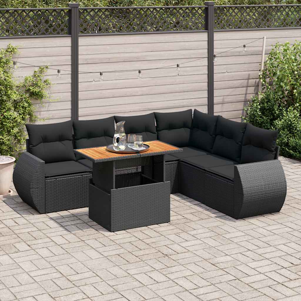 vidaXL 7-delige Loungeset met kussens poly rattan zwart
