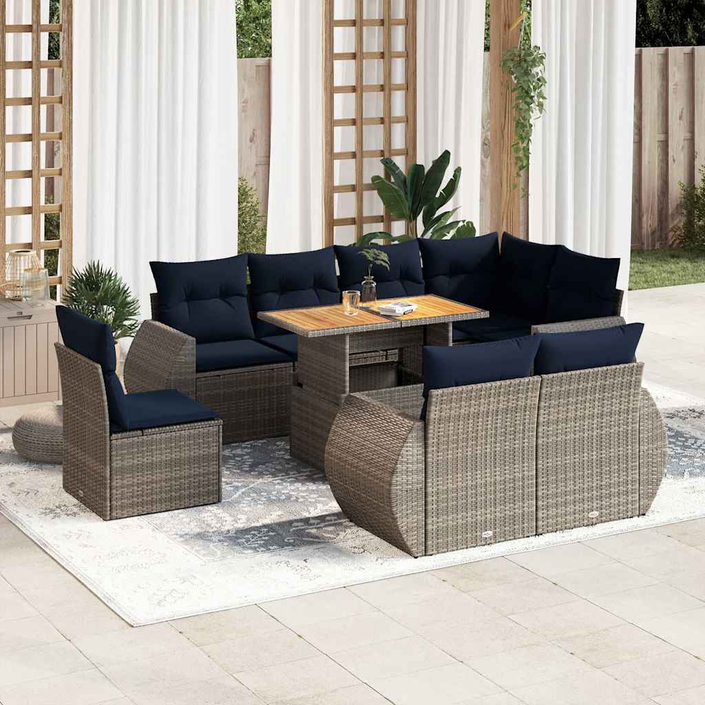 vidaXL 9-delige Loungeset met kussens poly rattan zwart