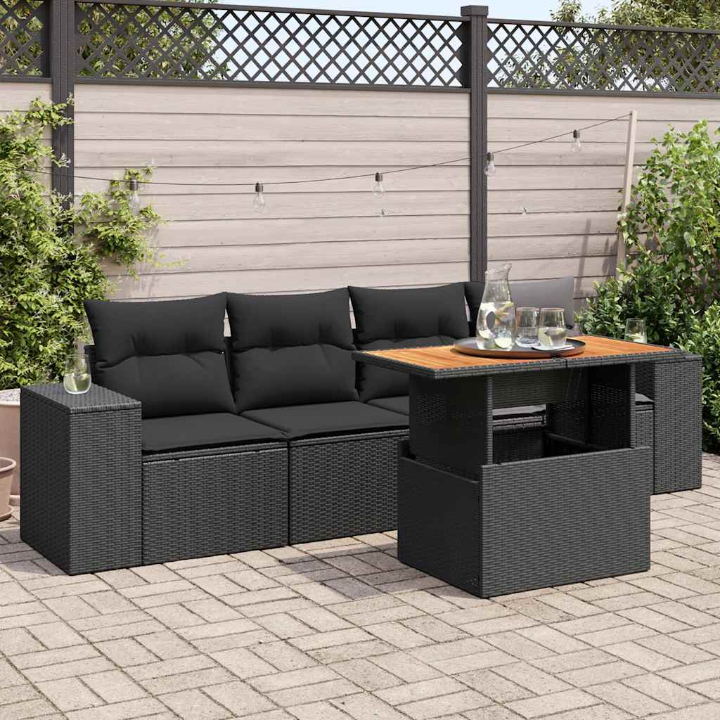 vidaXL 5-Piece Lounge Set with Cushions Poly Rattan Black