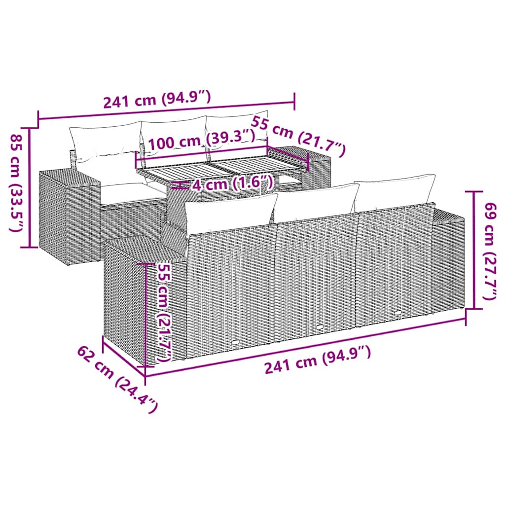 vidaXL 7-delige Loungeset met kussens poly rattan zwart