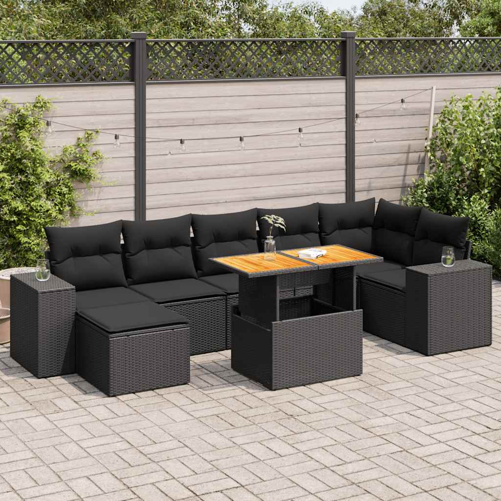 vidaXL 8-Piece Poly Rattan Lounge Set with Cushions Black