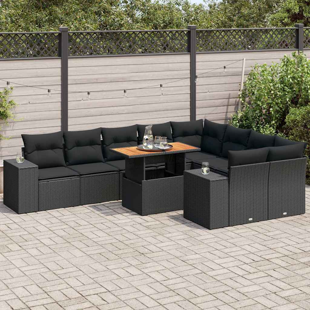 vidaXL 10-Piece Lounge Set with Cushions Poly Rattan Black