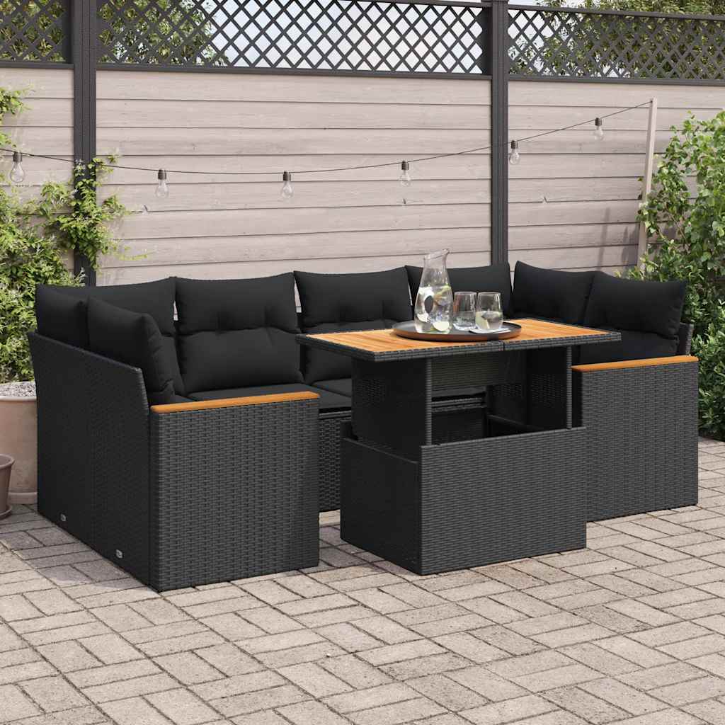 vidaXL 7-delige Loungeset met kussens poly rattan zwart