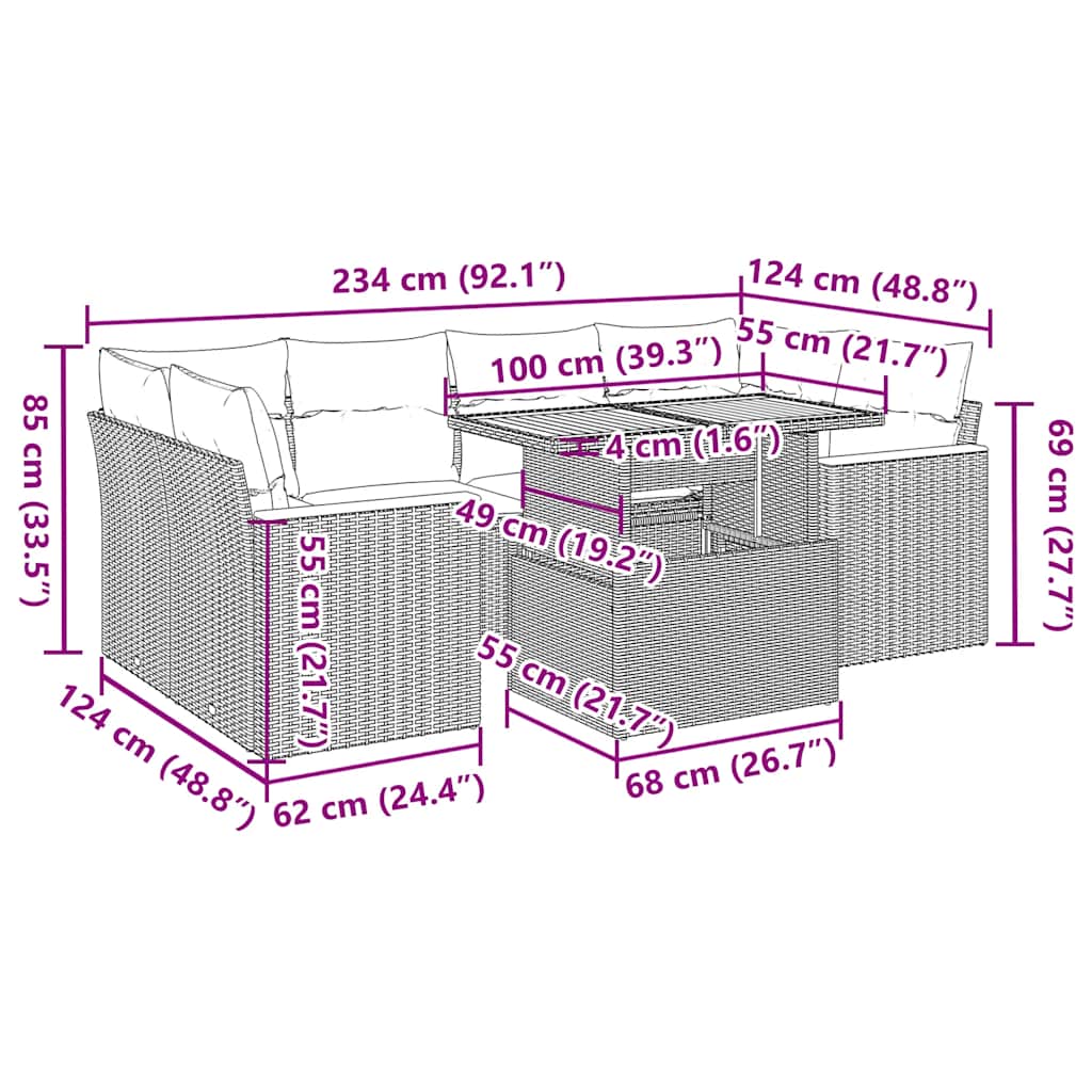 vidaXL 7-delige Loungeset met kussens poly rattan zwart